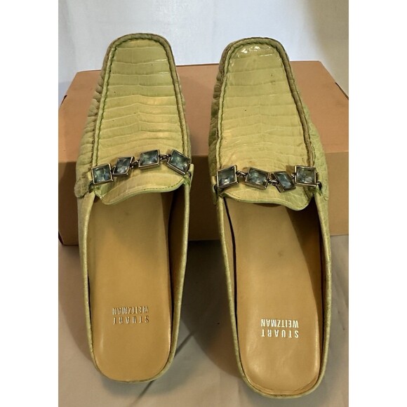 Stuart Weitzman Light Green Croc Embossed Leather Loafer Slide Rhinestone Sz 8N - Picture 3 of 6